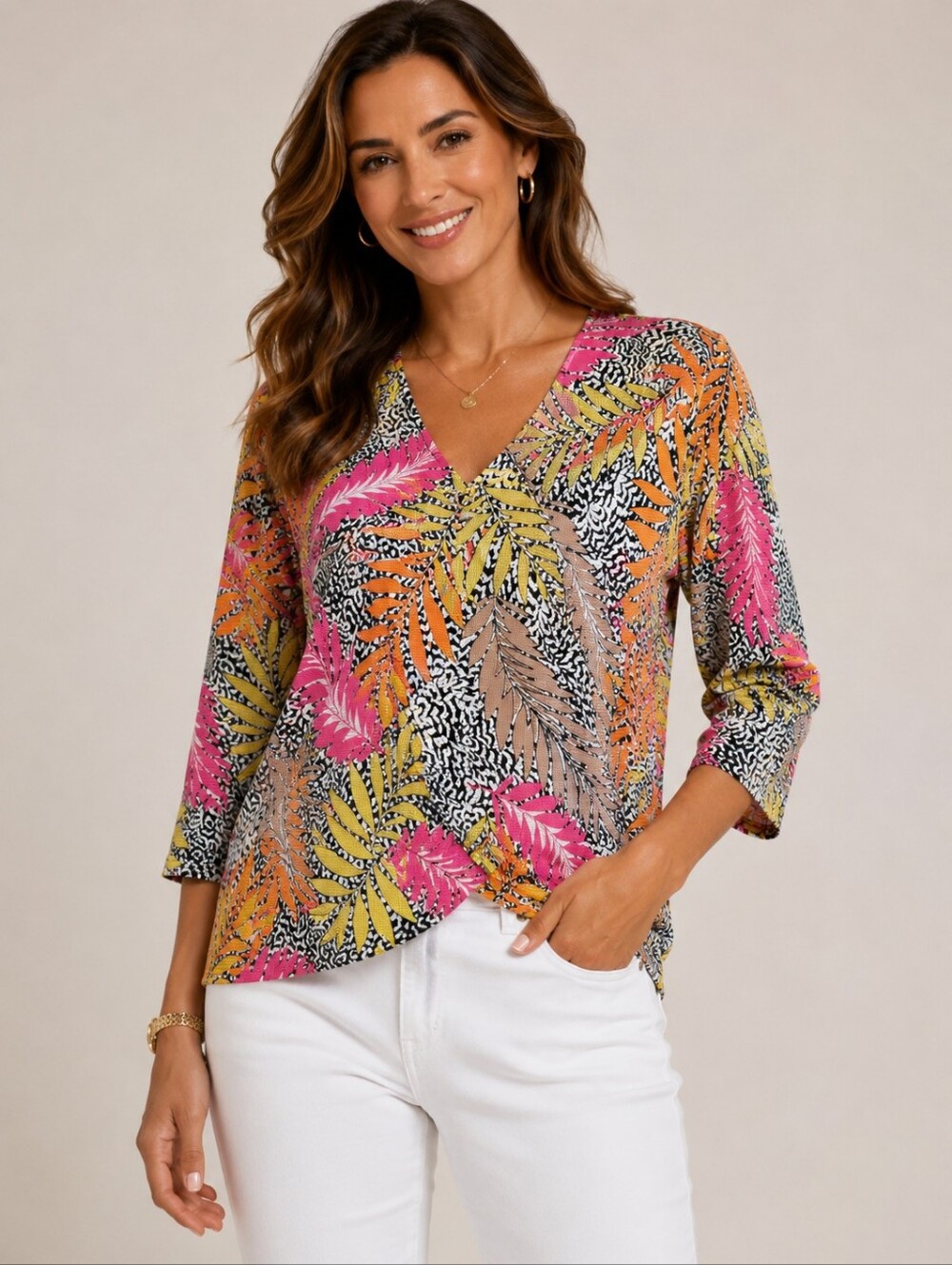 Ruby Rd Favorites Tropical Leaf Print Top 3/4 Sleeve Resort Wear Shirt